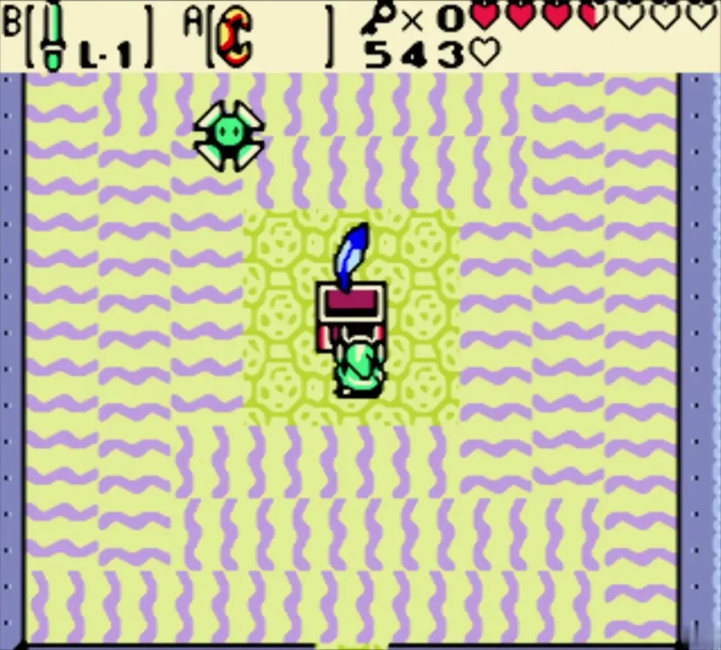 Link at the chest in the sand room with the Roc's Feather rising above it Link at the chest in the sand room with the Roc's Feather rising above it