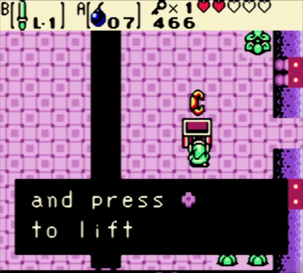 Link in Snake's Remains with the Power Bracelet message about pressing to lift Link in Snake's Remains with the Power Bracelet message about pressing to lift
