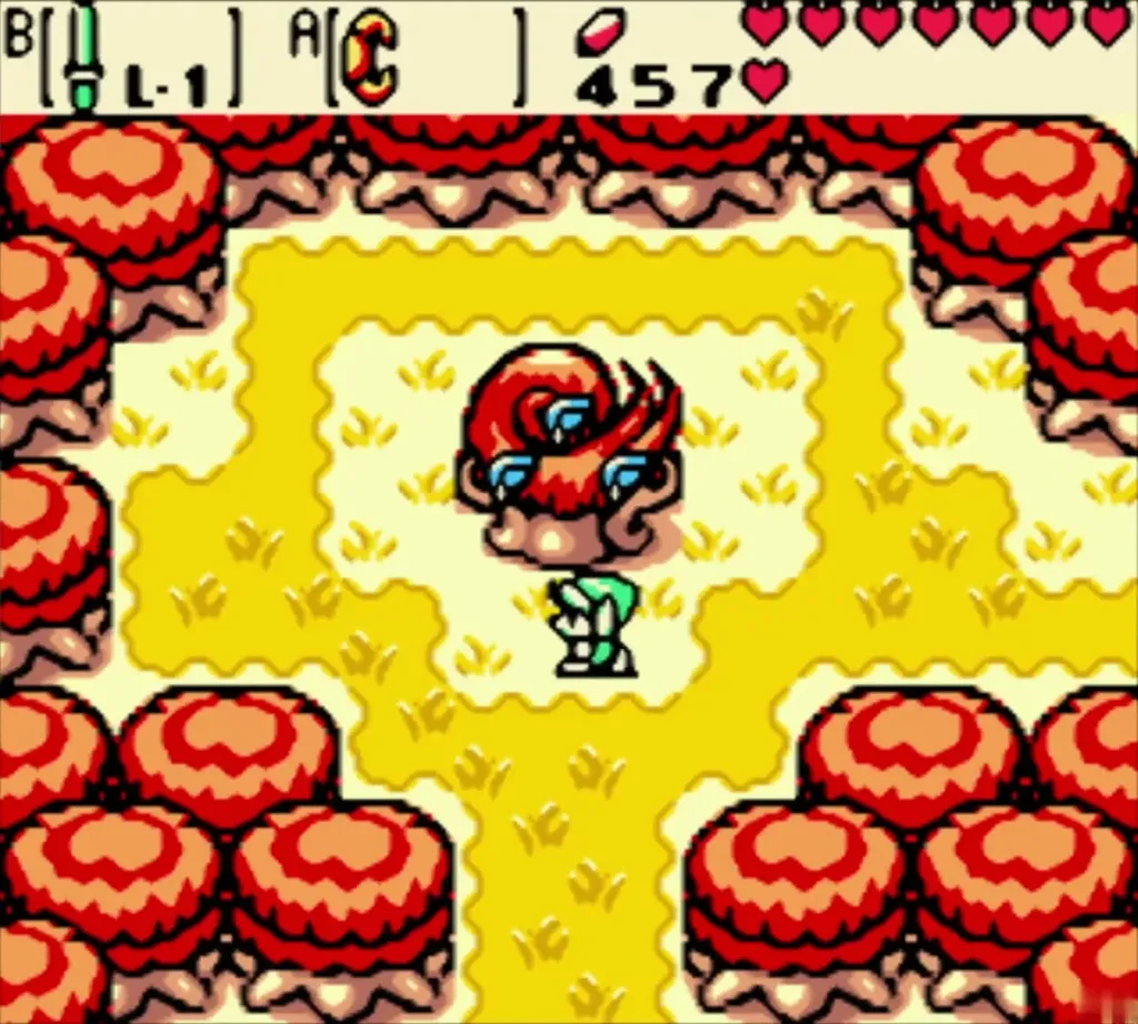 Link beside the red Pegasus Seed tree in the autumn grass Link beside the red Pegasus Seed tree in the autumn grass