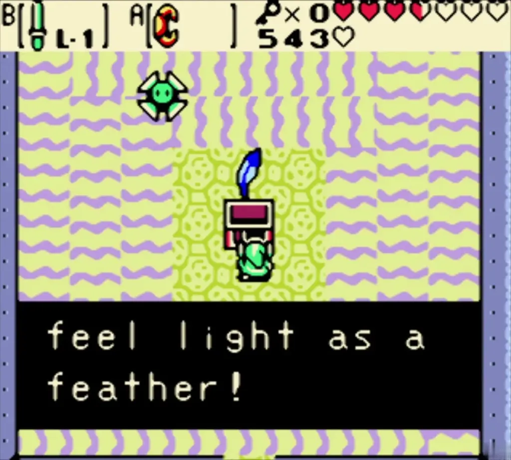 Link holding up the Roc's Feather with the feel light as a feather message complete Link holding up the Roc's Feather with the feel light as a feather message complete