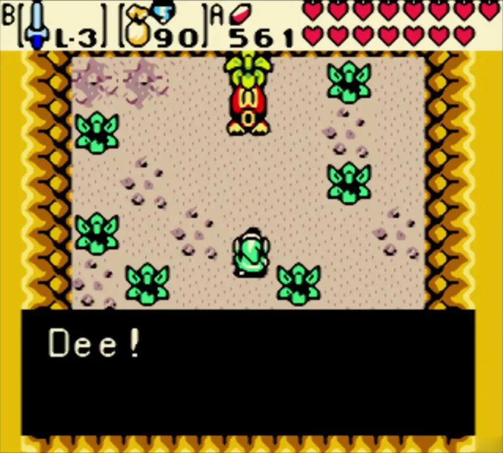 Leaf-headed Deku Scrub reacting with a happy Dee in the sandy room after the Phonograph Leaf-headed Deku Scrub reacting with a happy Dee in the sandy room after the Phonograph