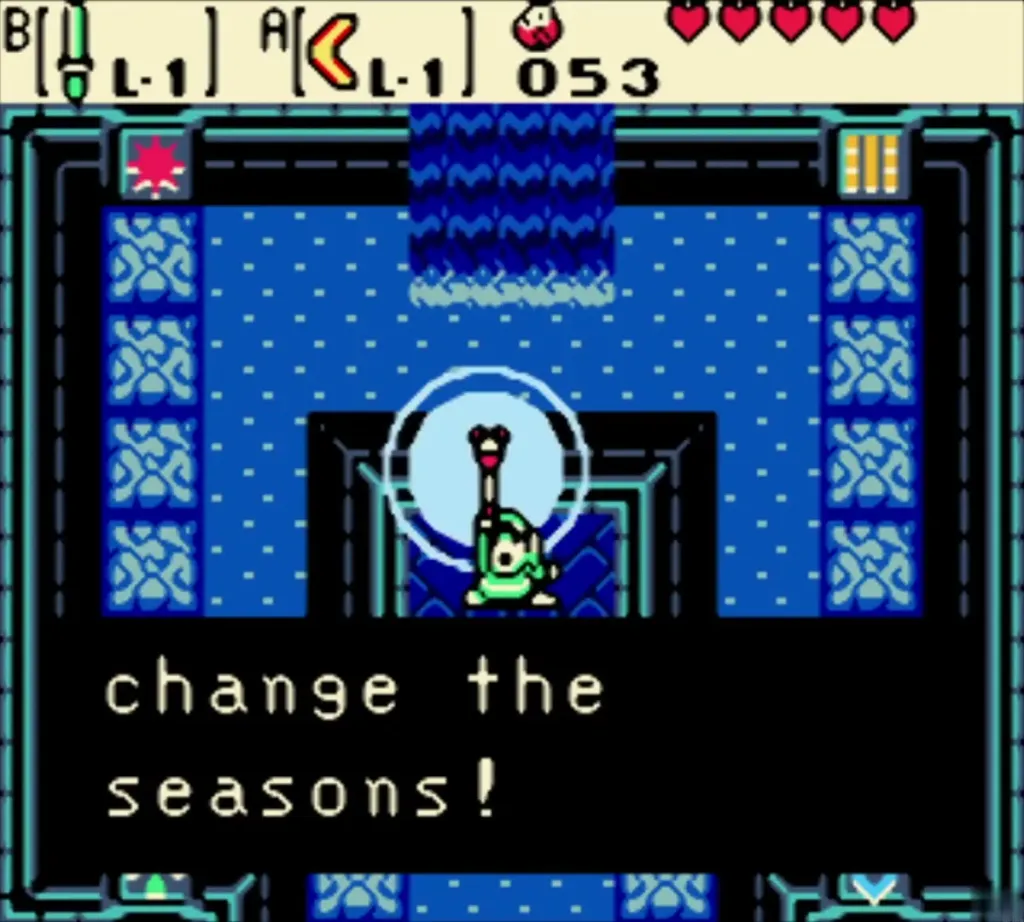 Link at the altar with the Rod of Seasons raised as the Spirits speak Link at the altar with the Rod of Seasons raised as the Spirits speak