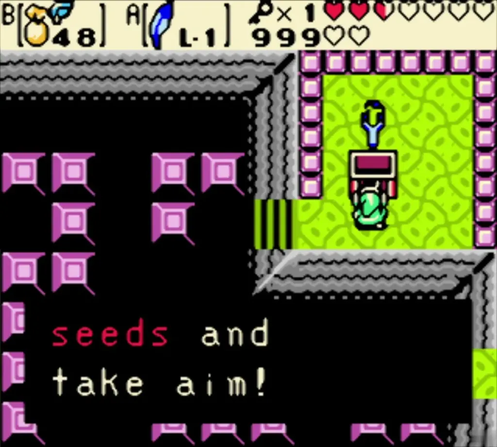 Link holding the Slingshot overhead with the Choose your seeds and take aim message complete Link holding the Slingshot overhead with the Choose your seeds and take aim message complete