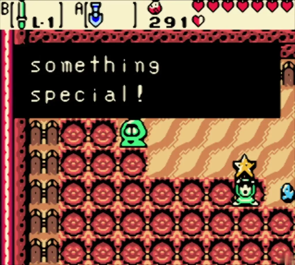 Link holding up the Star-Shaped Ore in Subrosia with the something special message complete Link holding up the Star-Shaped Ore in Subrosia with the something special message complete