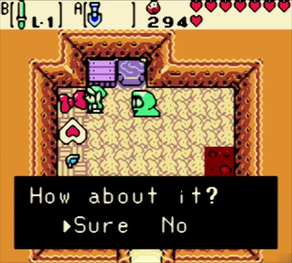 Subrosian Market shopkeeper asking Link how about it for the Star-Shaped Ore, with Sure and No Subrosian Market shopkeeper asking Link how about it for the Star-Shaped Ore, with Sure and No
