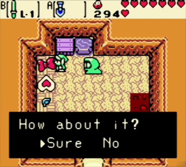 Subrosian Market shopkeeper asking Link how about it for the Star-Shaped Ore, with Sure and No Subrosian Market shopkeeper asking Link how about it for the Star-Shaped Ore, with Sure and No