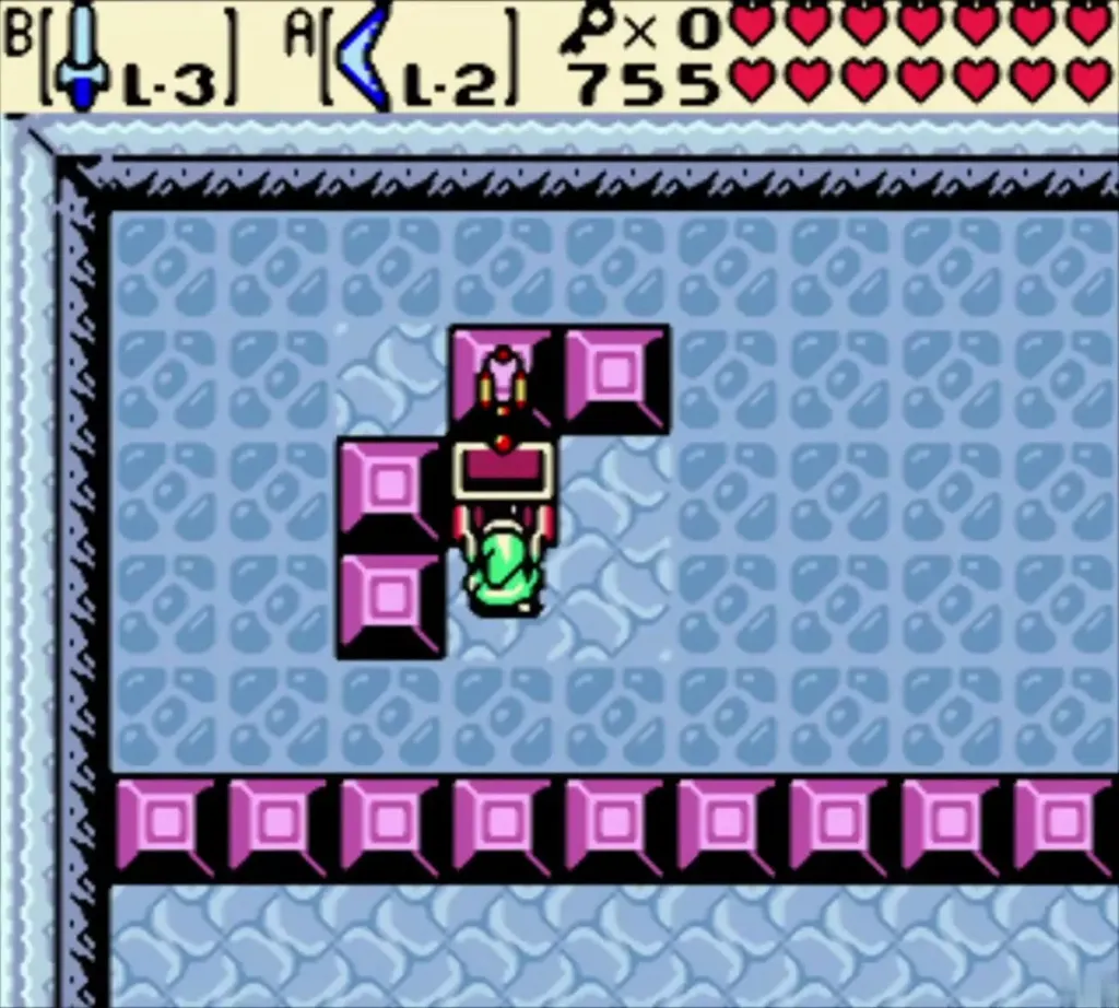 Link at the Hyper Slingshot chest in the Sword and Shield Maze Link at the Hyper Slingshot chest in the Sword and Shield Maze