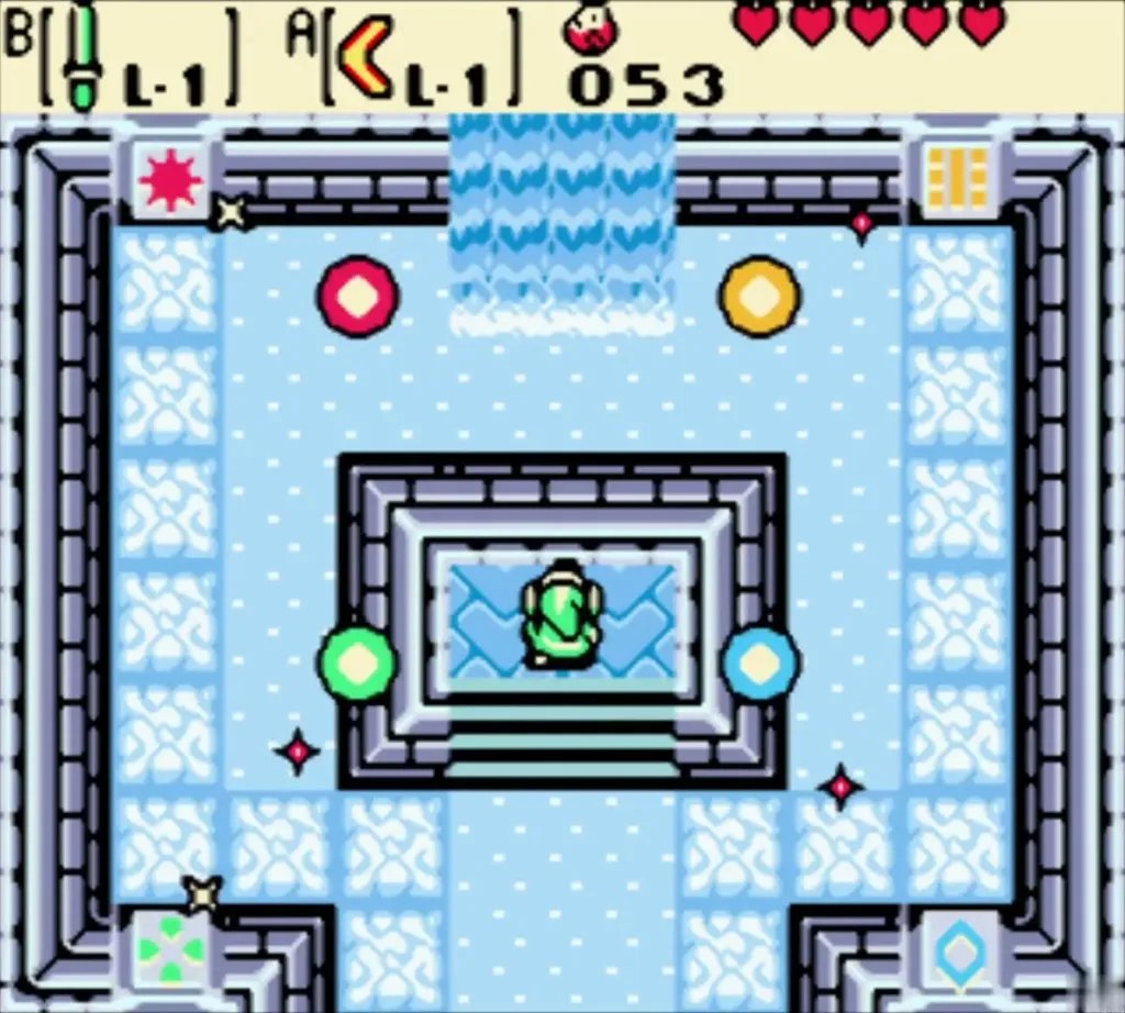 Link standing on the altar in the Temple of Seasons in winter Link standing on the altar in the Temple of Seasons in winter