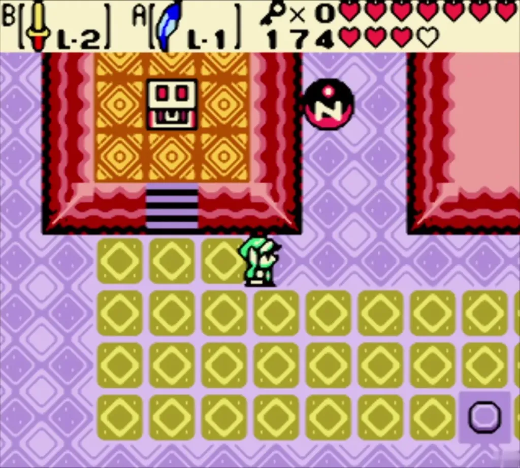 Link walking into the yellow-tile room of Unicorn's Cave below the face door Link walking into the yellow-tile room of Unicorn's Cave below the face door