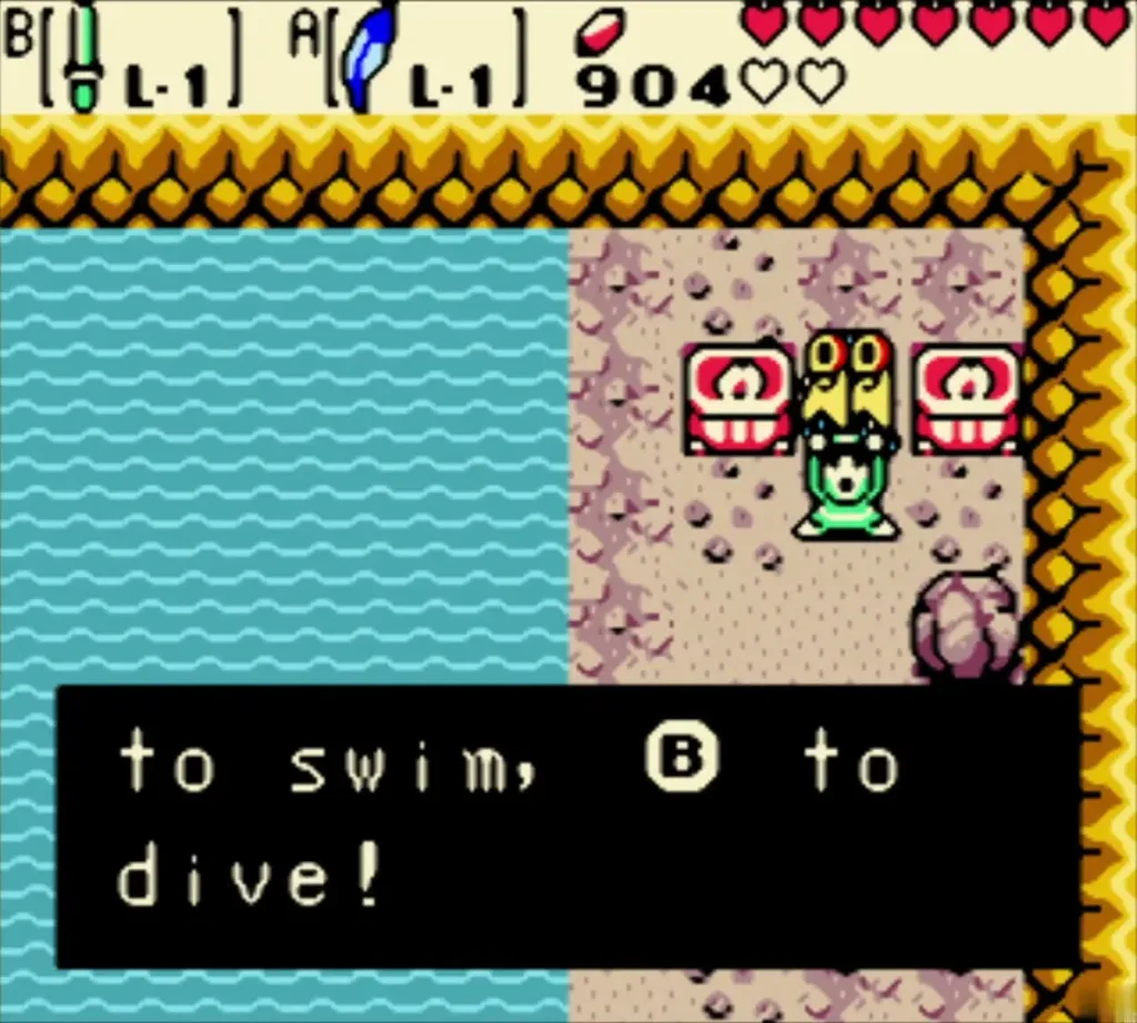 Link on the beach with the to swim, B to dive message from Zora's Flippers Link on the beach with the to swim, B to dive message from Zora's Flippers