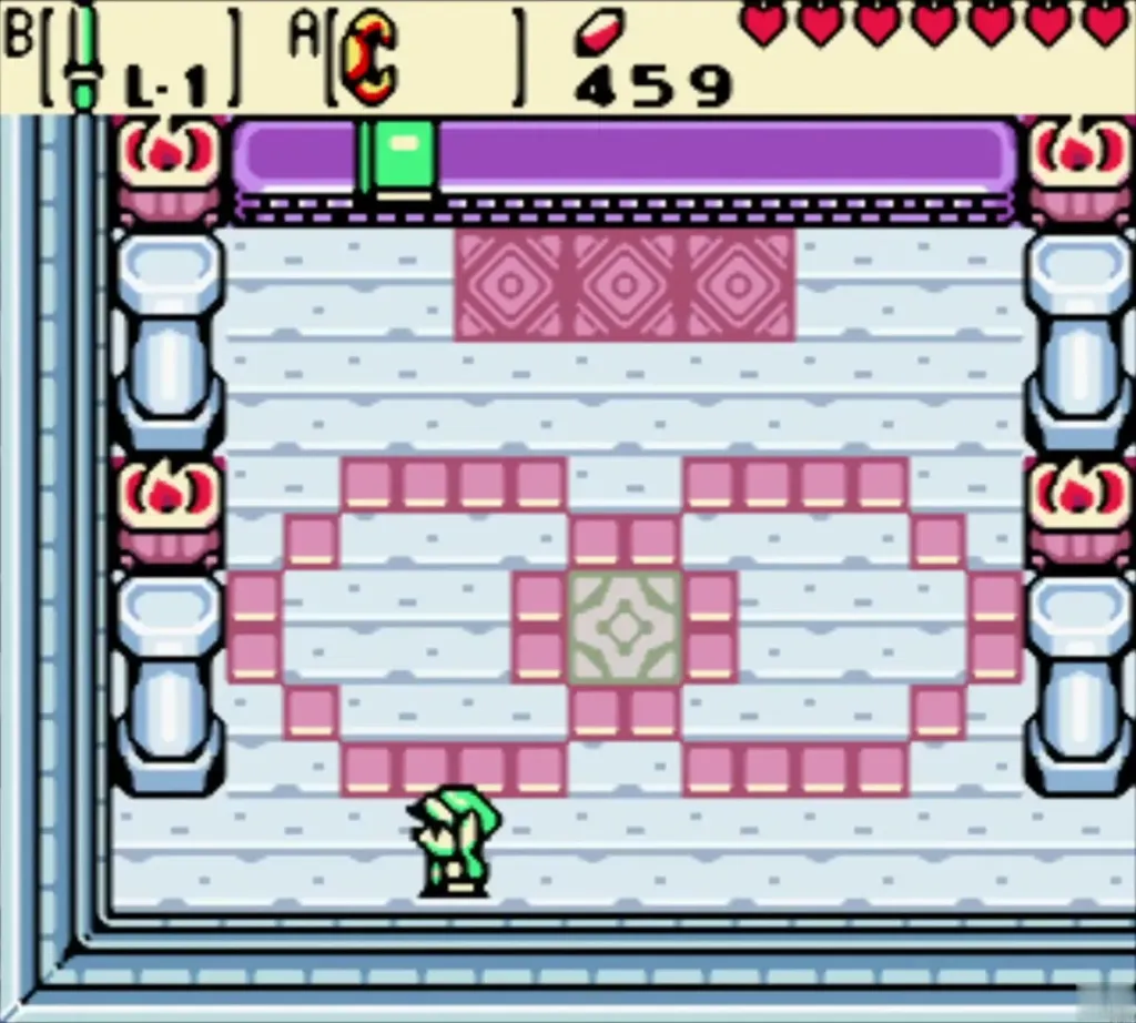 Link in Farore's blue-tiled room walking toward her Memory book Link in Farore's blue-tiled room walking toward her Memory book