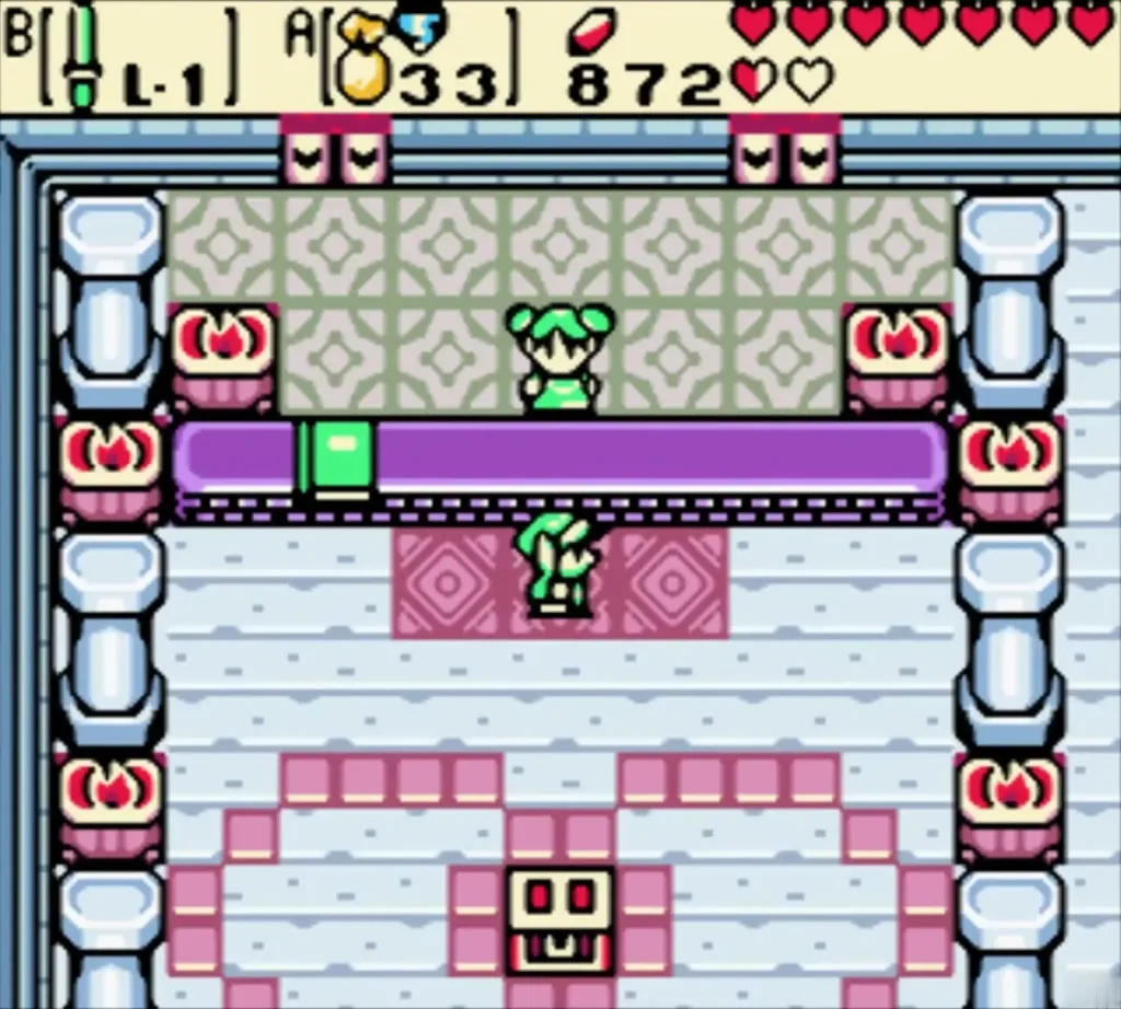 A chest appears in Farore's Hall of Secrets as Link stands on the carpet A chest appears in Farore's Hall of Secrets as Link stands on the carpet