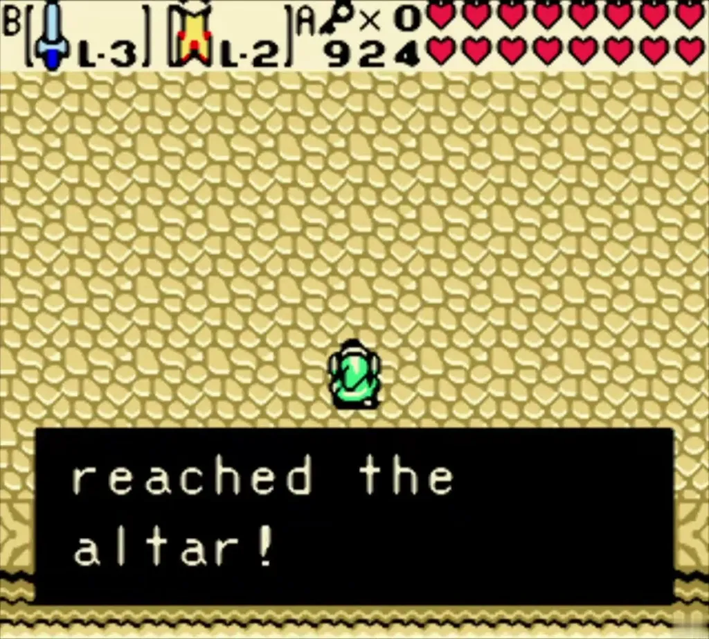 Link on the sandy Room of Rites floor with the message reached the altar Link on the sandy Room of Rites floor with the message reached the altar