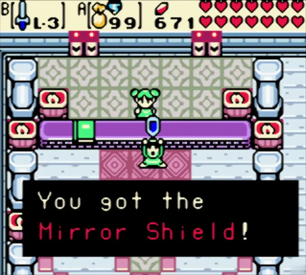 Item-get box reading You got the Mirror Shield! with the shield held over Link Item-get box reading You got the Mirror Shield! with the shield held over Link