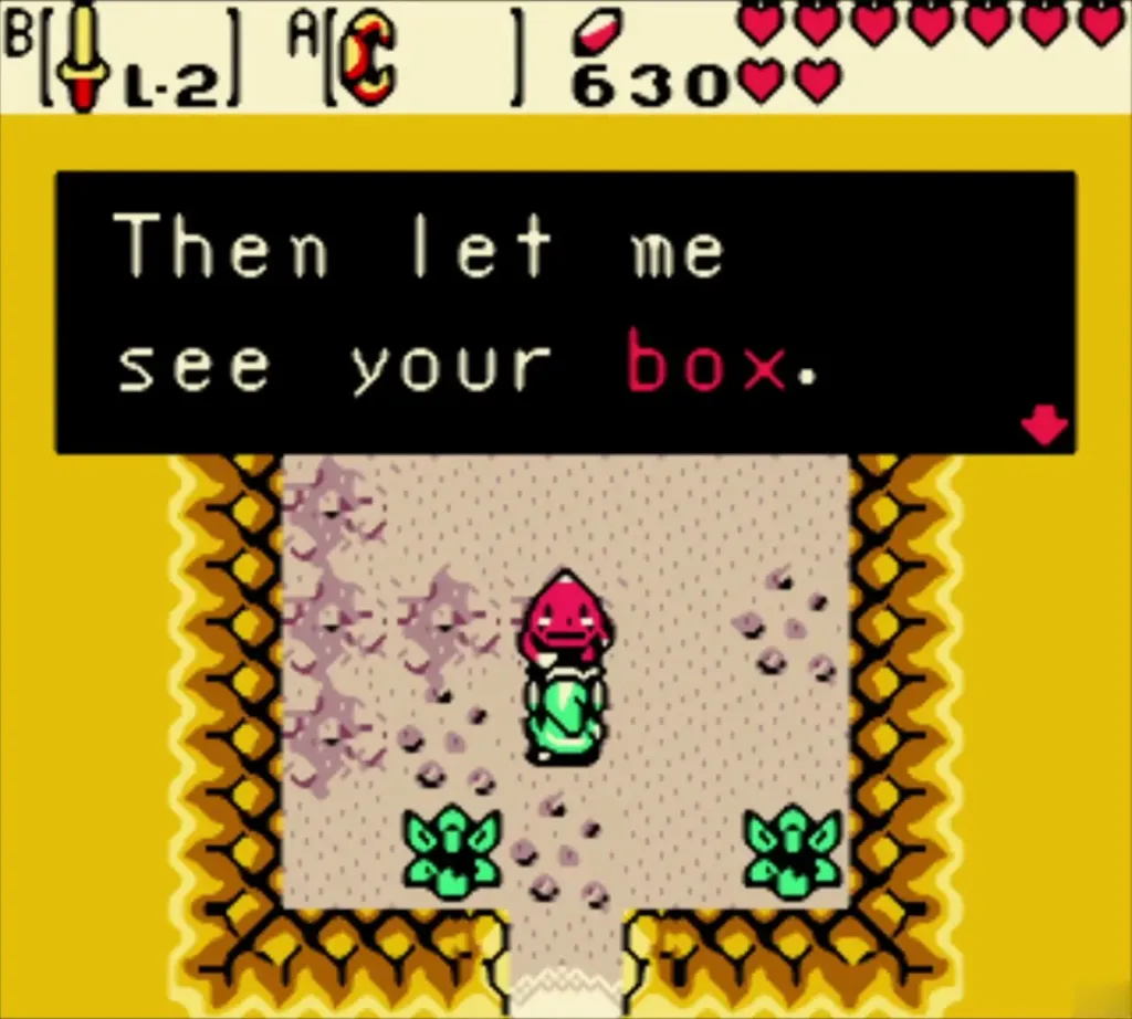 Red-capped NPC in a sandy room saying Then let me see your box Red-capped NPC in a sandy room saying Then let me see your box
