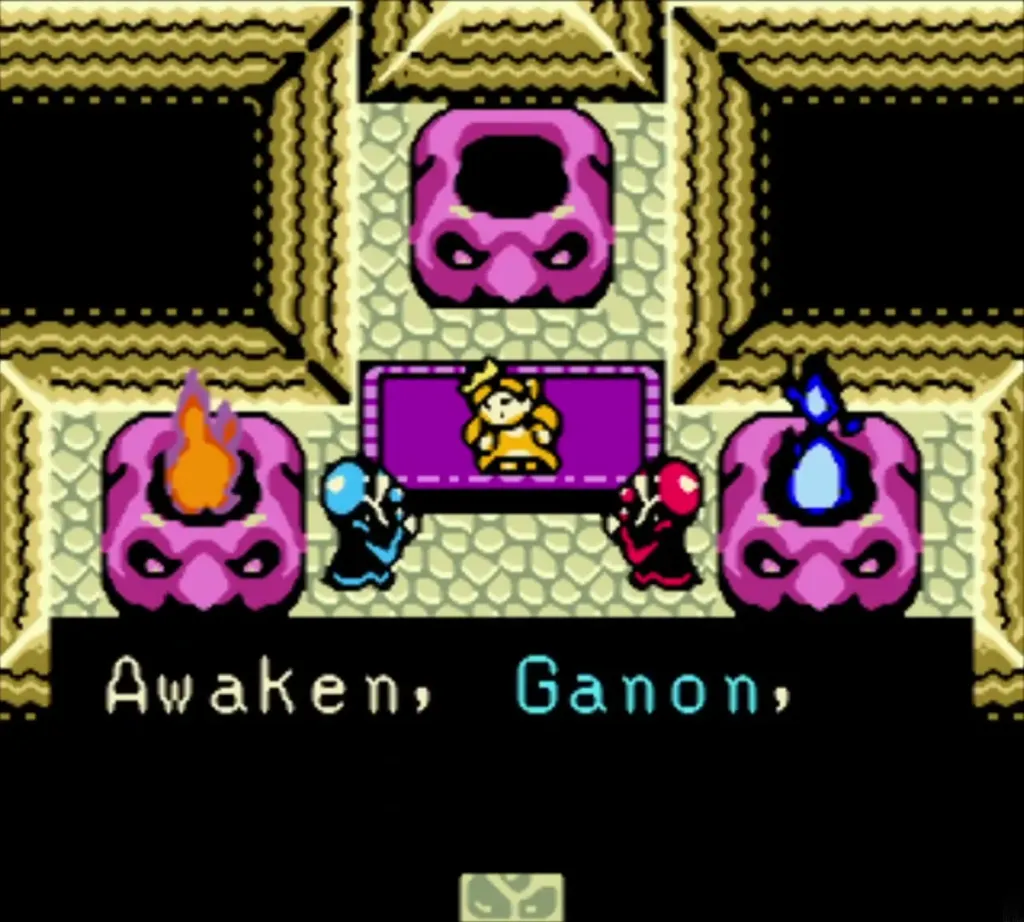 Altar with three pink statues and the words Awaken, Ganon, in the Room of Rites Altar with three pink statues and the words Awaken, Ganon, in the Room of Rites