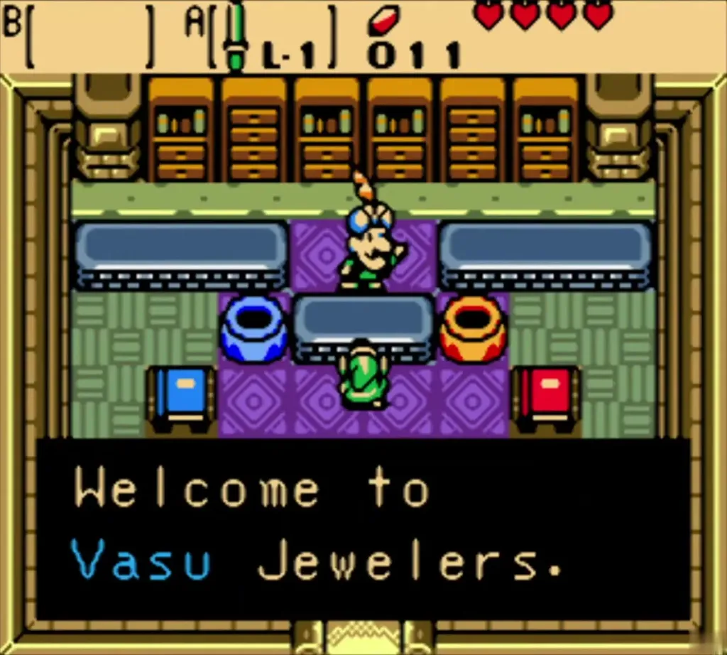 Vasu at his Jewelers counter in Horon Village greeting Link with the Welcome to Vasu Jewelers message