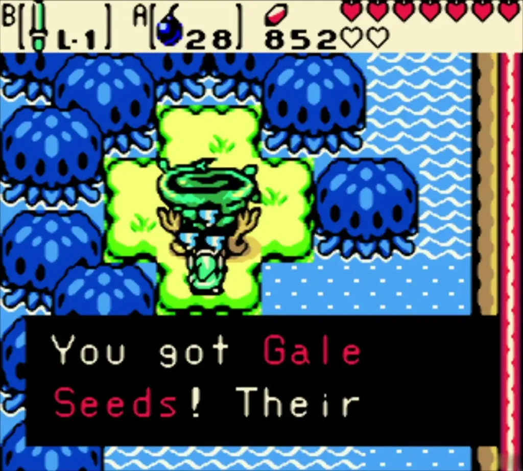 The Gale Seeds item message after Link strikes the tree