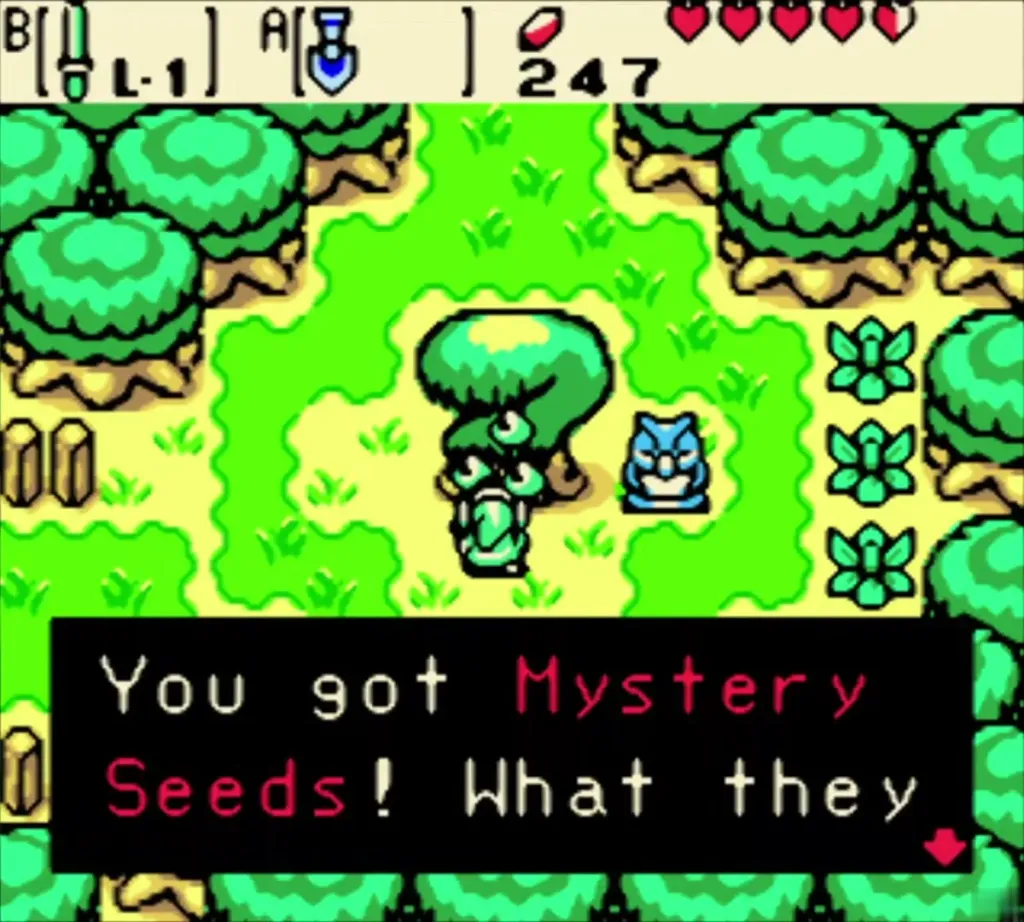 Link holding the Mystery Seeds with the item message complete