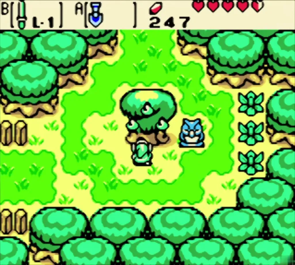 Link beside the single seed tree in a green glade past the leaf piles in the Woods of Winter