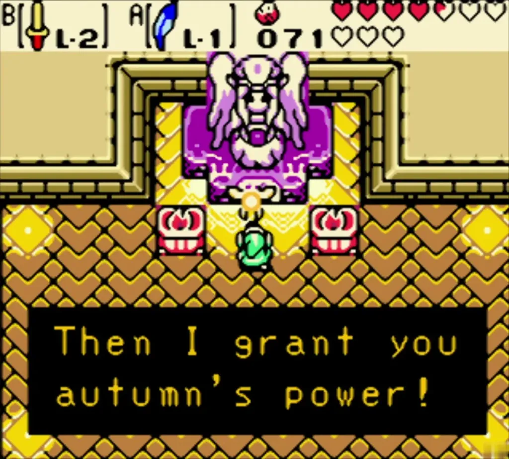 Autumn spirit at the temple altar telling Link she grants him autumn power Autumn spirit at the temple altar telling Link she grants him autumn power