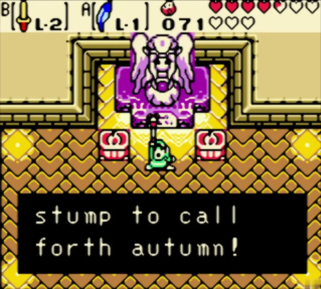 Link on the stump in the autumn temple with the Rod of Seasons, spirit speaking to him Link on the stump in the autumn temple with the Rod of Seasons, spirit speaking to him