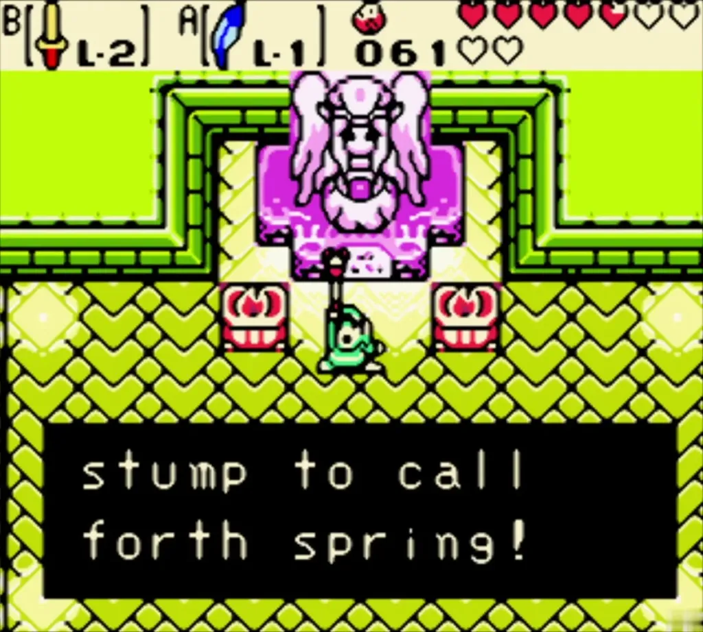 Link at the stump in the spring temple hall, the spirit speaking to him after the blessing Link at the stump in the spring temple hall, the spirit speaking to him after the blessing