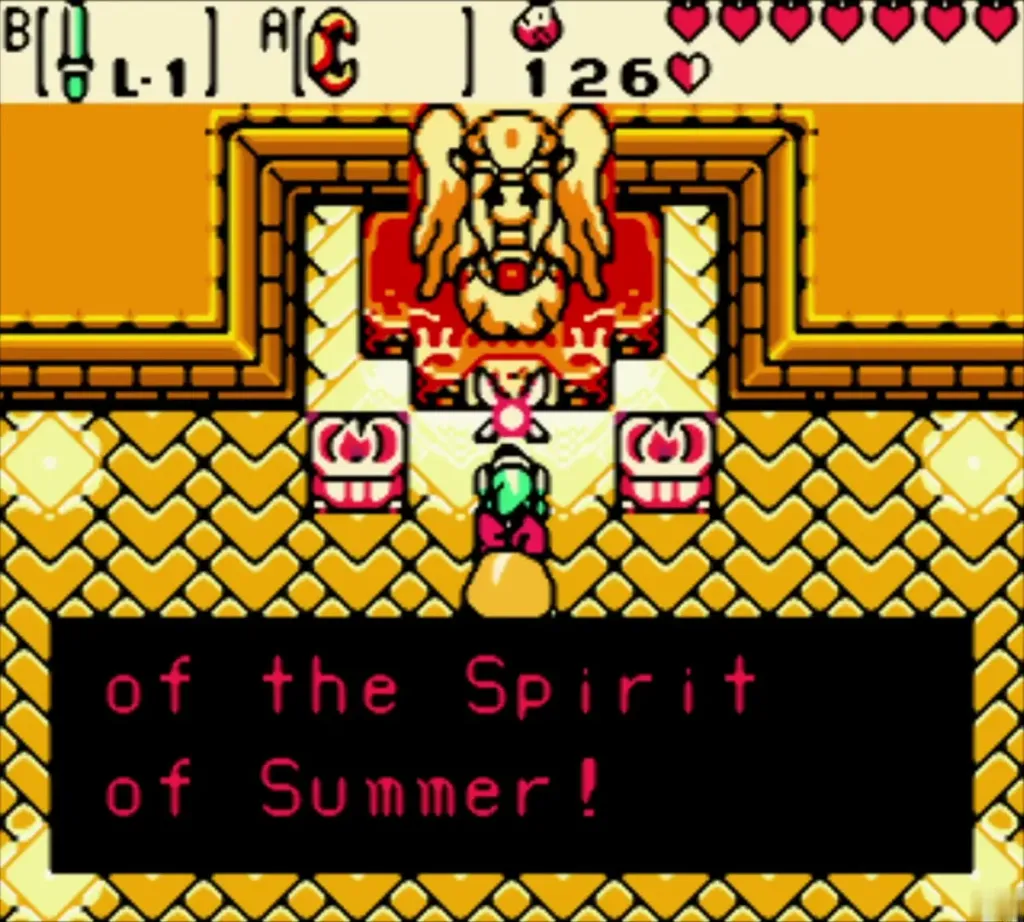 Spirit of Summer speaking to Link in the golden Temple of Seasons, Link with the rod Spirit of Summer speaking to Link in the golden Temple of Seasons, Link with the rod