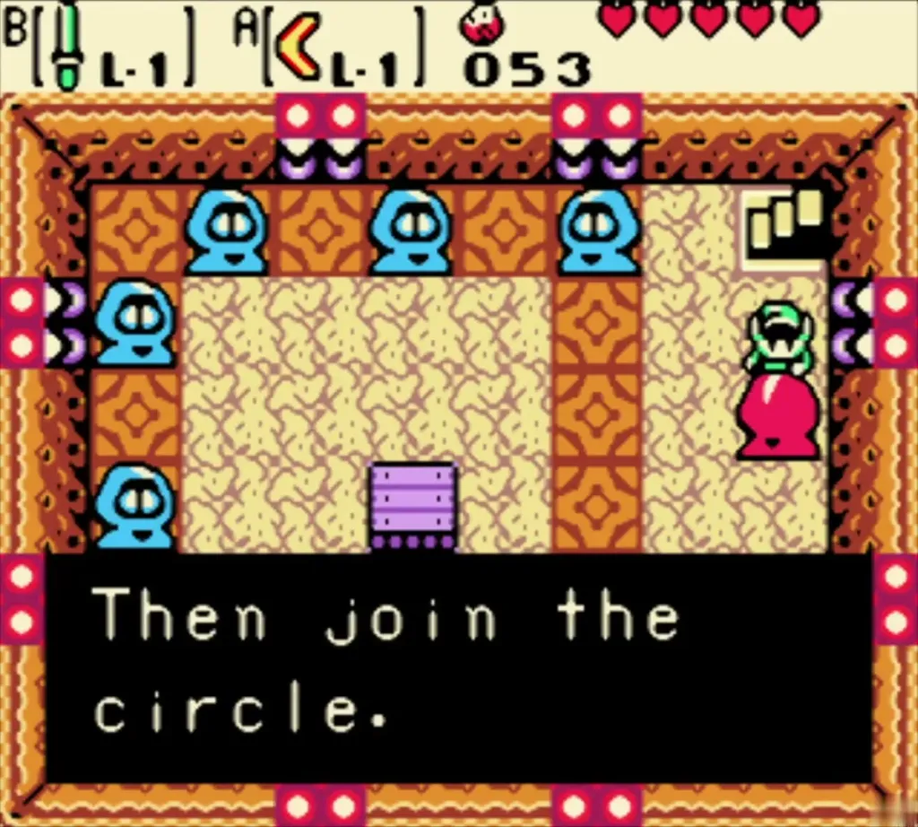 The dance host telling Link to join the circle for practice The dance host telling Link to join the circle for practice