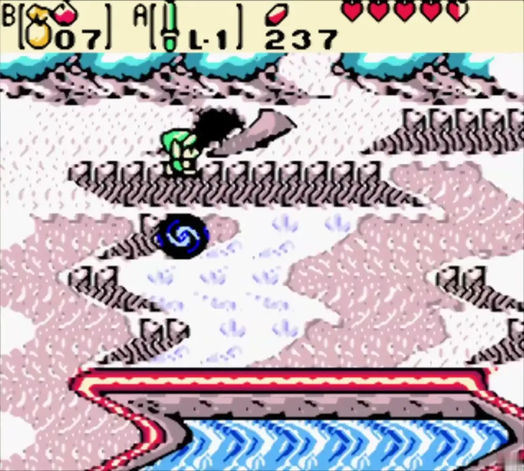 Link beside the swirling portal in the snowy field before entering Subrosia Link beside the swirling portal in the snowy field before entering Subrosia