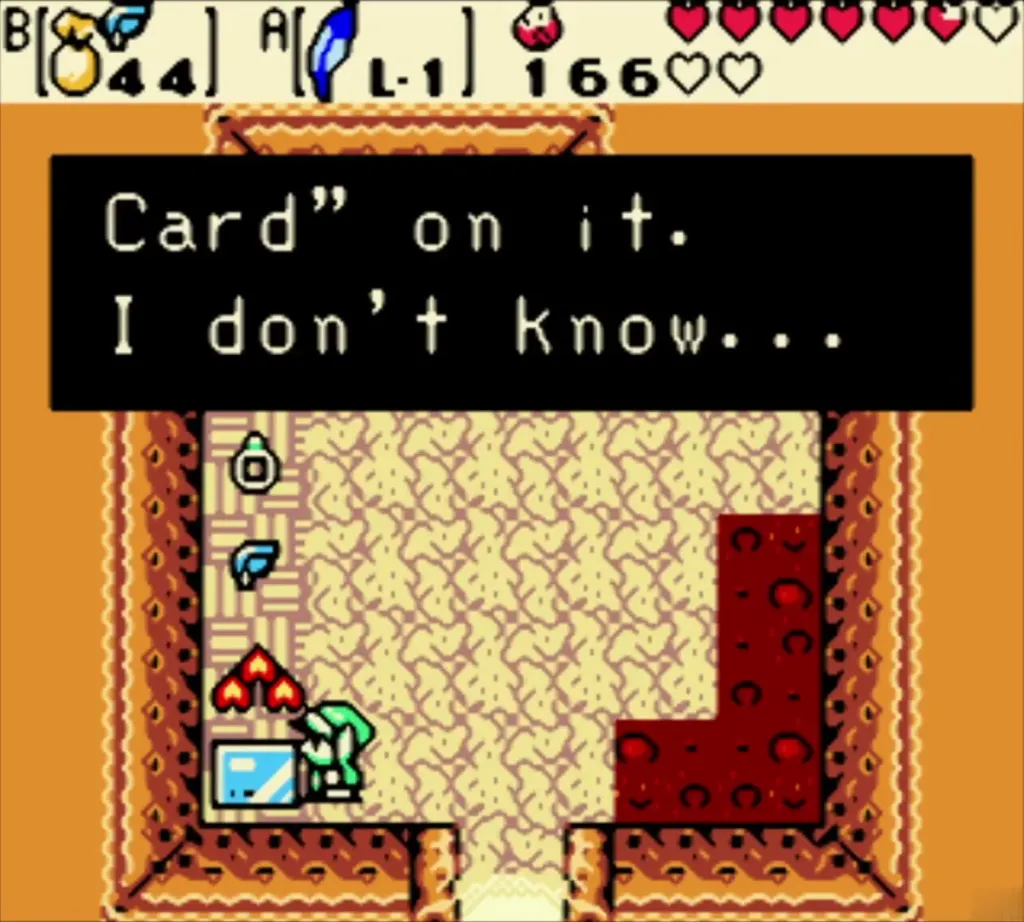 The merchant describing a shiny Members Card and asking whether Link wants to trade The merchant describing a shiny Members Card and asking whether Link wants to trade