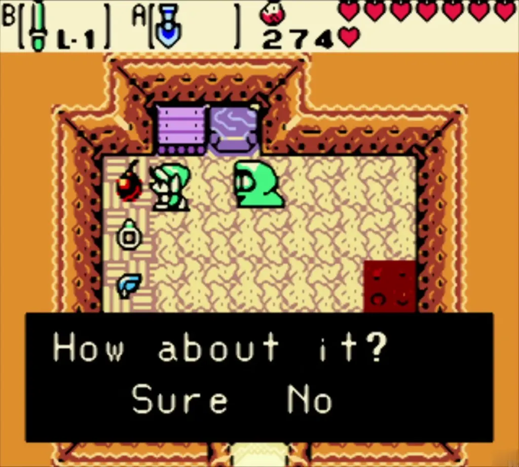 Subrosian merchant asking Link to Sure or No the red Bomb trade for 10 Bombs and 50 Ore Chunks Subrosian merchant asking Link to Sure or No the red Bomb trade for 10 Bombs and 50 Ore Chunks