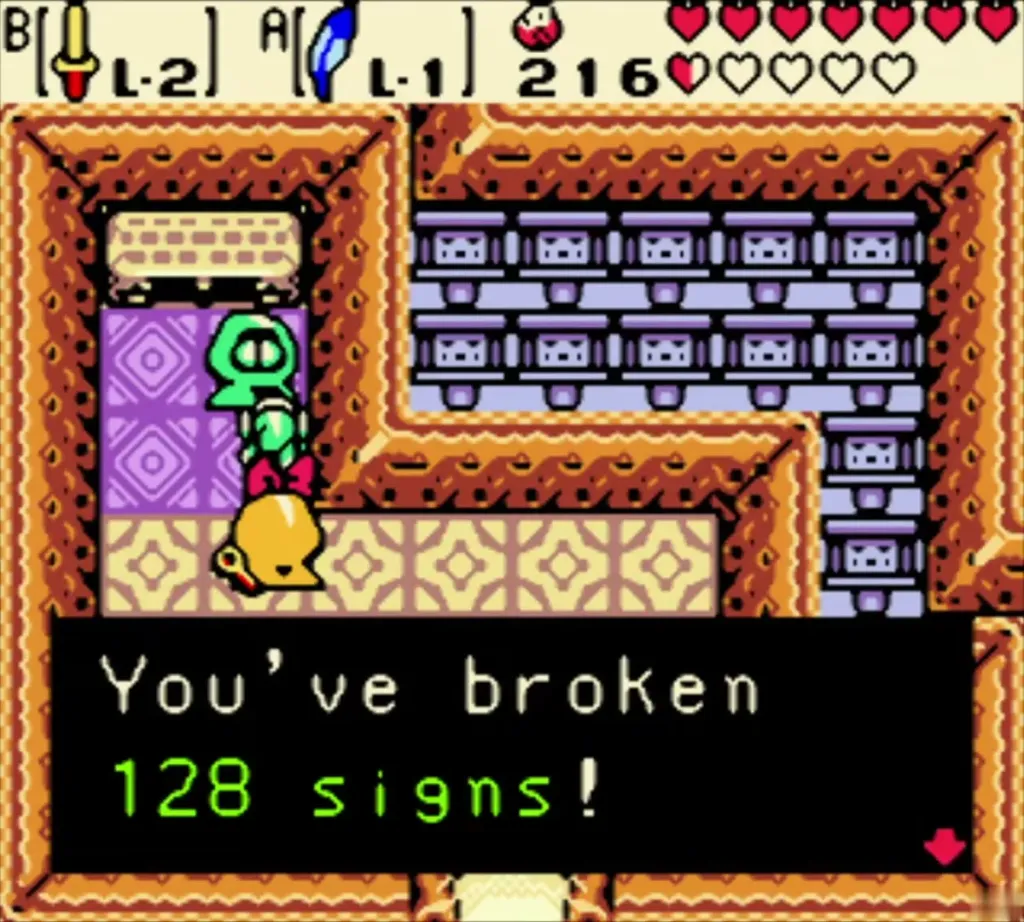 The Subrosian telling Link he has broken 128 signs in the blue-walled house The Subrosian telling Link he has broken 128 signs in the blue-walled house