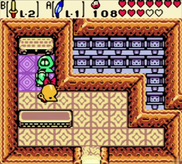 Link entering the house with blue stone walls and purple carpet beside a Subrosian Link entering the house with blue stone walls and purple carpet beside a Subrosian