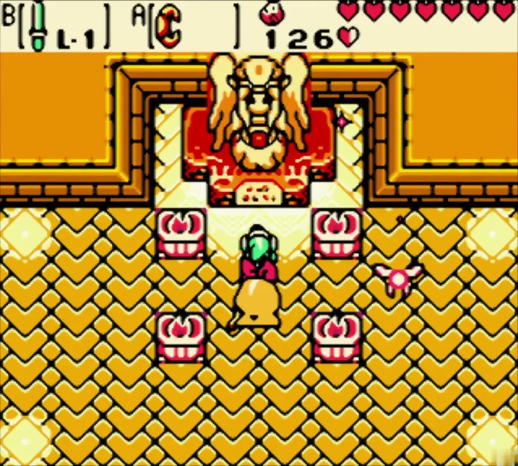 Link standing before the Spirit of Summer statue in the golden temple room Link standing before the Spirit of Summer statue in the golden temple room