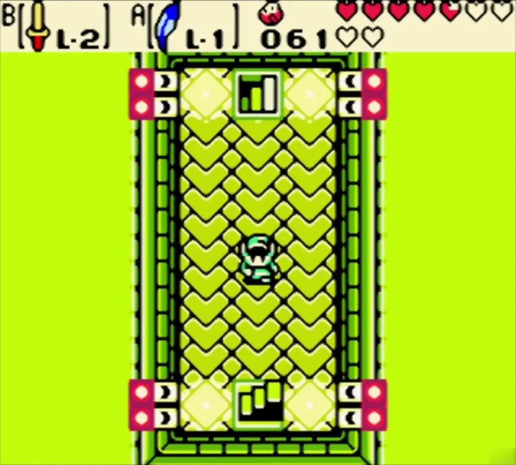 Link entering the green-tiled Temple of Seasons hall toward the pink statue Link entering the green-tiled Temple of Seasons hall toward the pink statue
