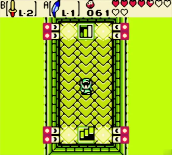 Link entering the green-tiled Temple of Seasons hall toward the pink statue Link entering the green-tiled Temple of Seasons hall toward the pink statue