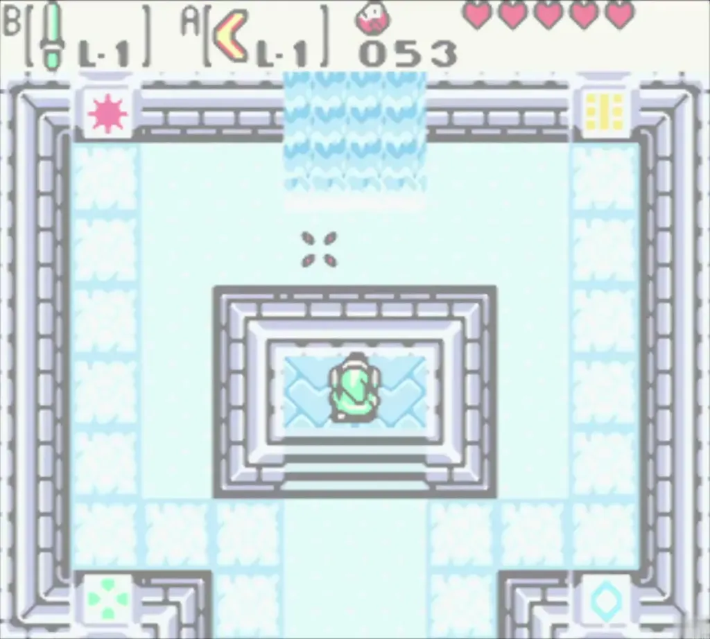 Link standing on the altar pedestal in the Temple of Seasons Link standing on the altar pedestal in the Temple of Seasons