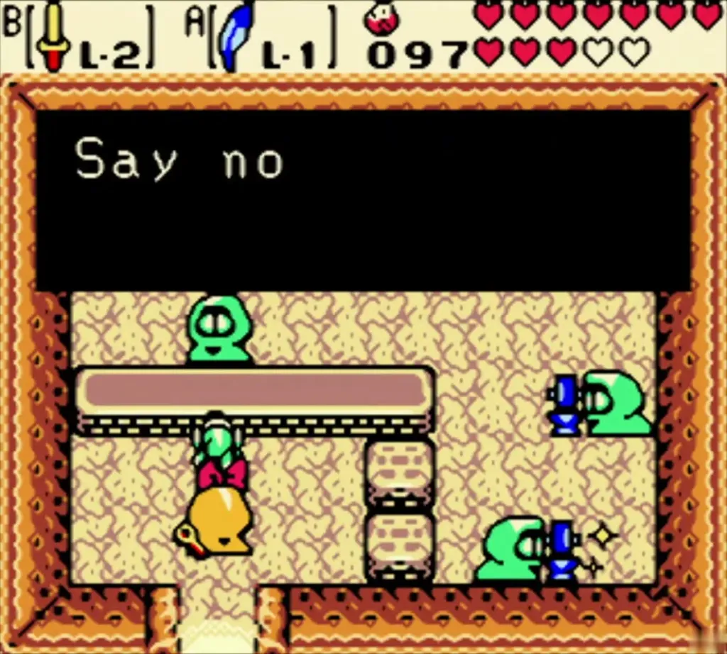 Link choosing Say no, the other answer, at the smithy counter Link choosing Say no, the other answer, at the smithy counter