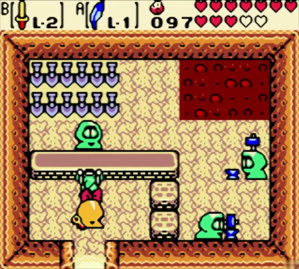 Link inside the Subrosian Smithy with the master and the counter Link inside the Subrosian Smithy with the master and the counter