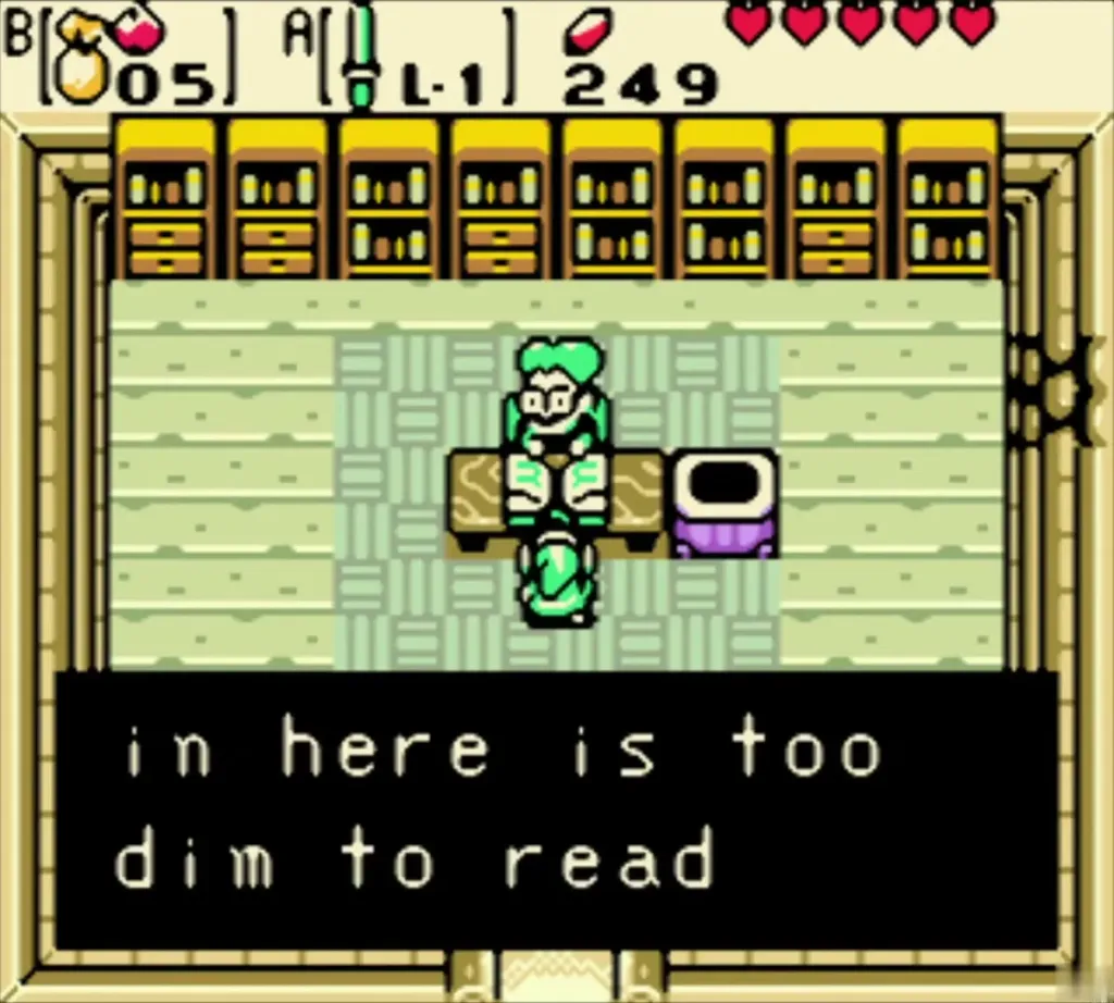Link at the scholar desk in his Horon Village house, where the scholar says the room is too dim to read