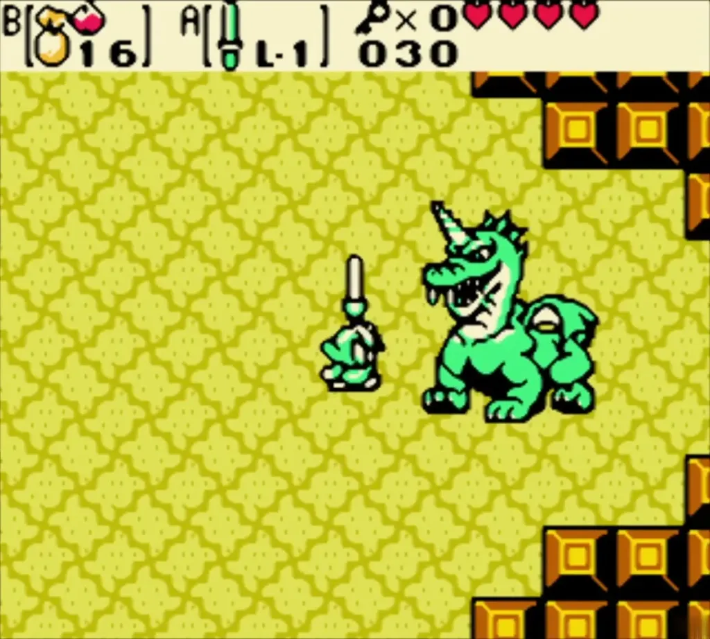Link facing Aquamentus with his sword raised Link facing Aquamentus with his sword raised