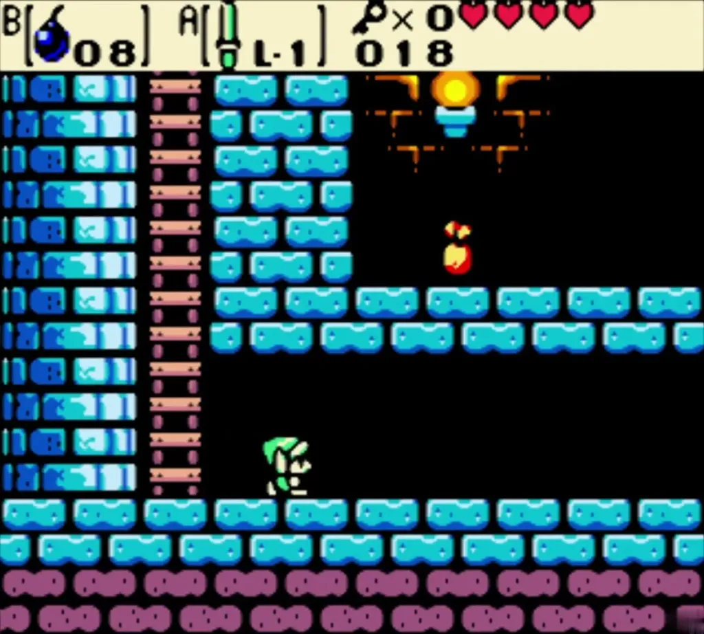 Link in the side-scrolling basement next to the ladder Link in the side-scrolling basement next to the ladder