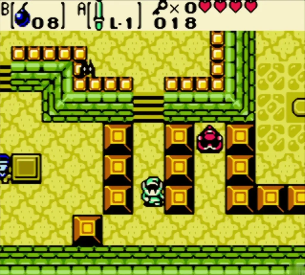 Link in the alcove with the small block maze and a trap Link in the alcove with the small block maze and a trap