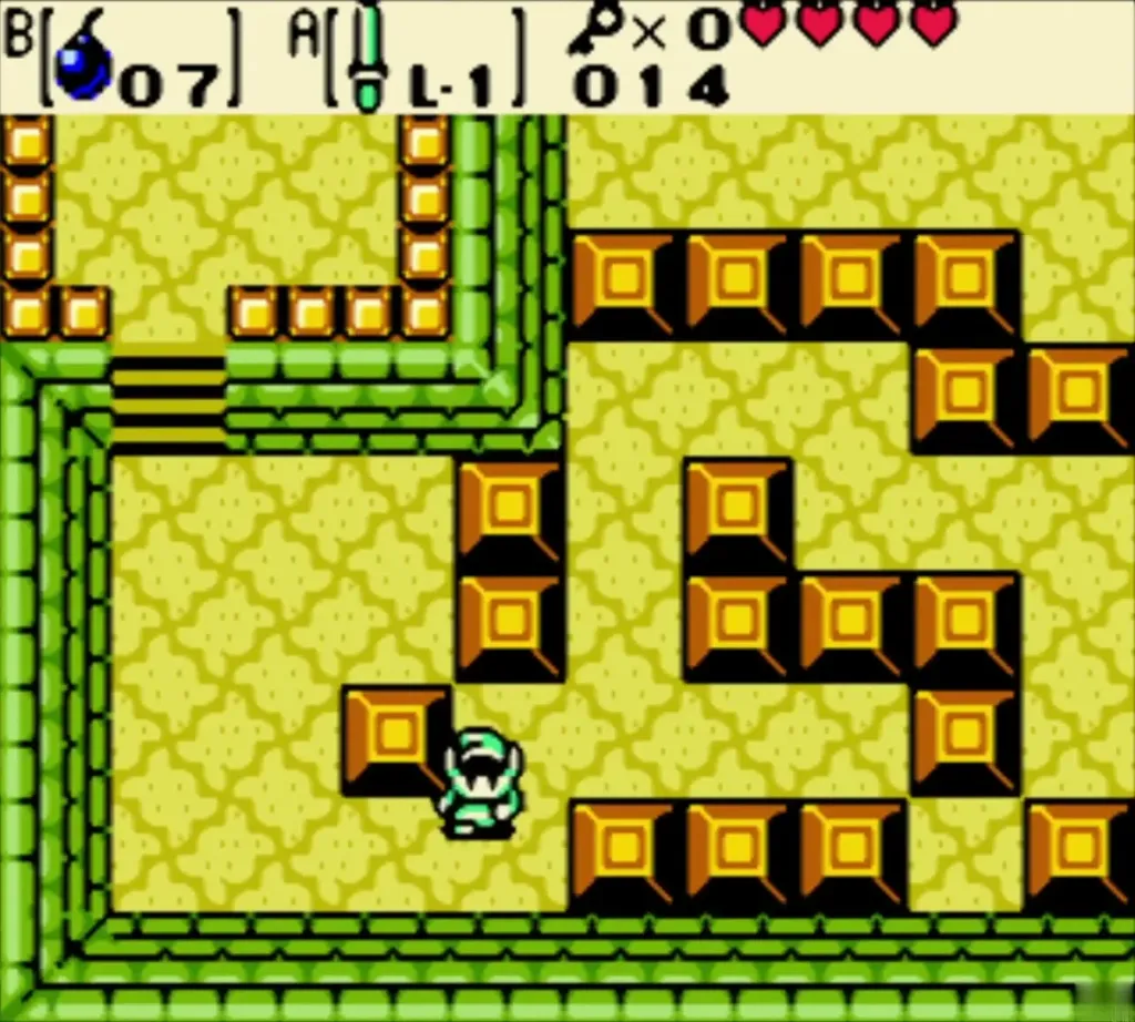 Link in the block puzzle room pushing a block toward the block pile Link in the block puzzle room pushing a block toward the block pile