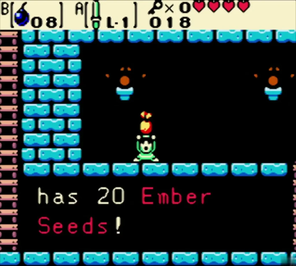 Link holding up the Seed Satchel with the message that it has 20 Ember Seeds, text fully typed Link holding up the Seed Satchel with the message that it has 20 Ember Seeds, text fully typed