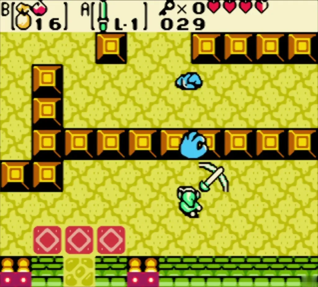 Link slashing a blue Floormaster in a block maze room beside the torches Link slashing a blue Floormaster in a block maze room beside the torches