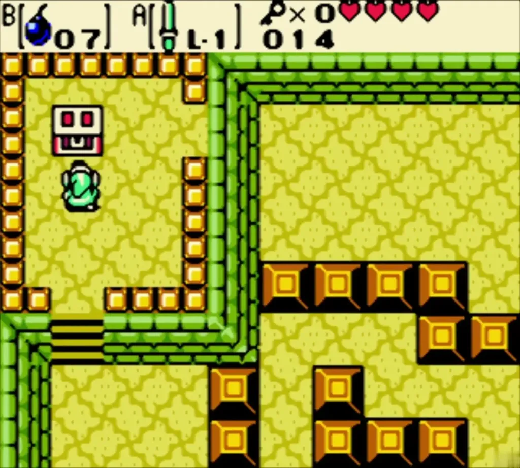 Link on the platform reaching the chest in the block room Link on the platform reaching the chest in the block room