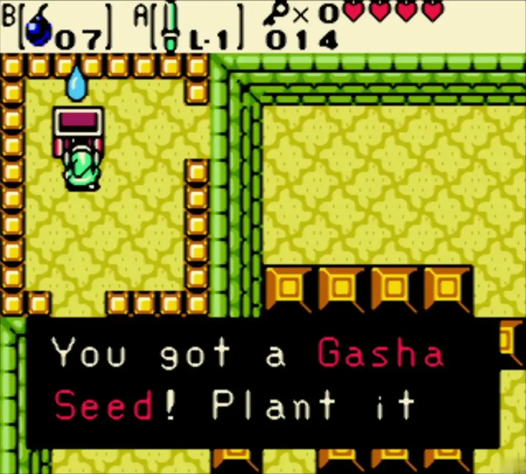 Link holding up the Gasha Seed with the item message shown Link holding up the Gasha Seed with the item message shown