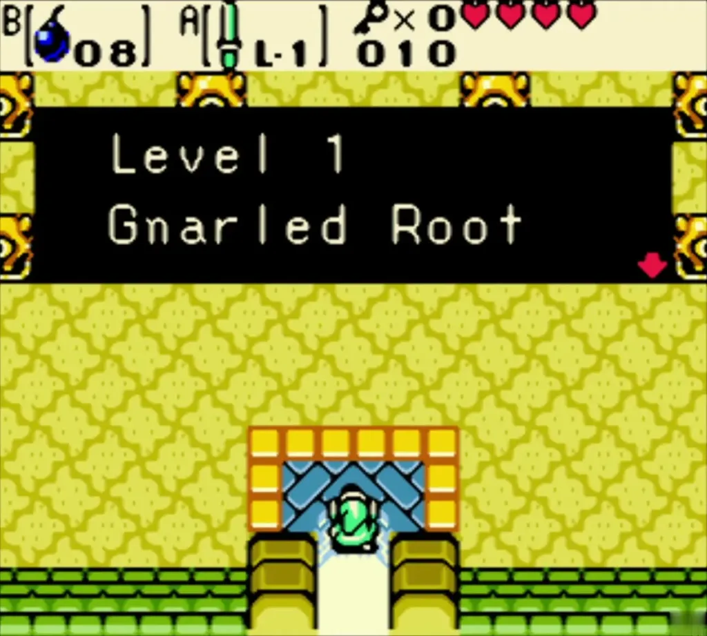Link stepping into the first room with the Level 1 Gnarled Root dungeon title Link stepping into the first room with the Level 1 Gnarled Root dungeon title